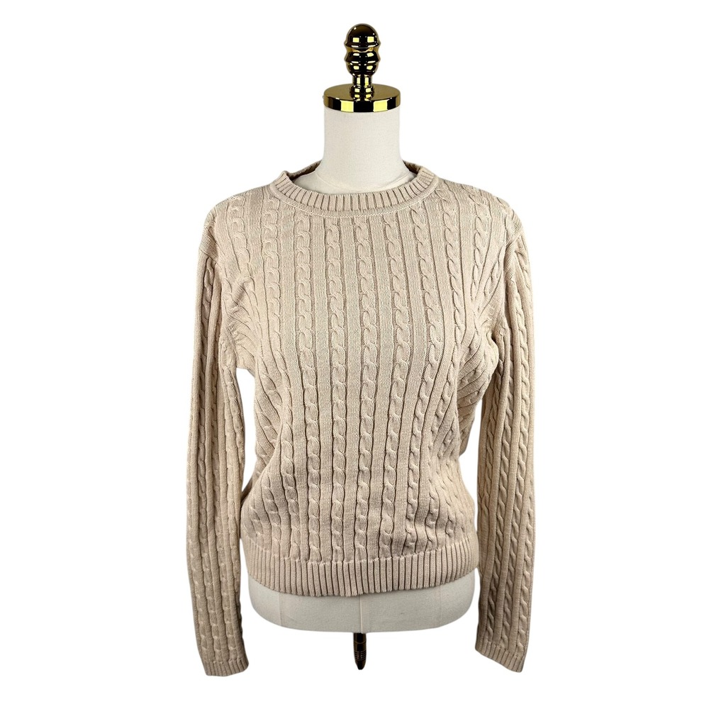 Vintage 90s Croft & Barrow 100% Cotton Cable Knit Crewneck Sweater Tan SZ Small